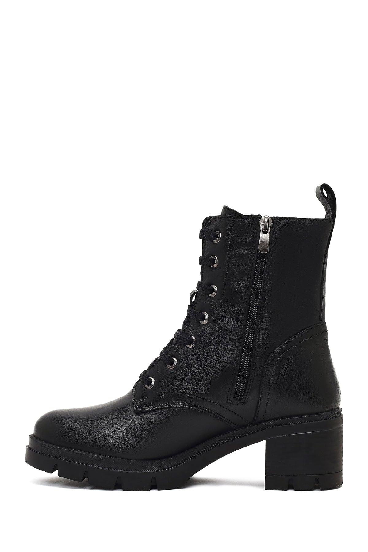 Kadın Siyah Fermuarlı Kalın Topuklu Deri Bot