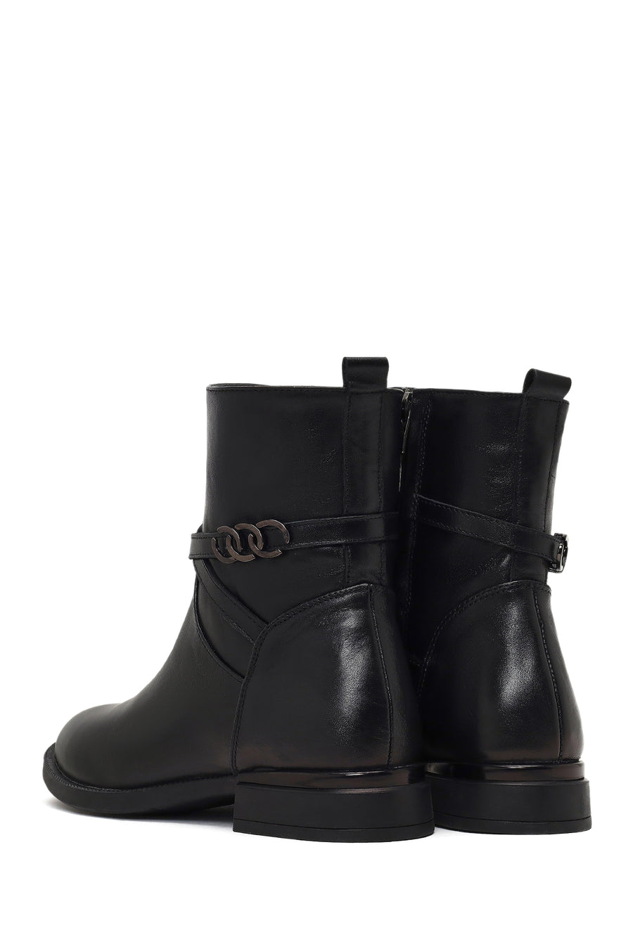 Kadın Siyah Fermuarlı Tokalı Deri Bot