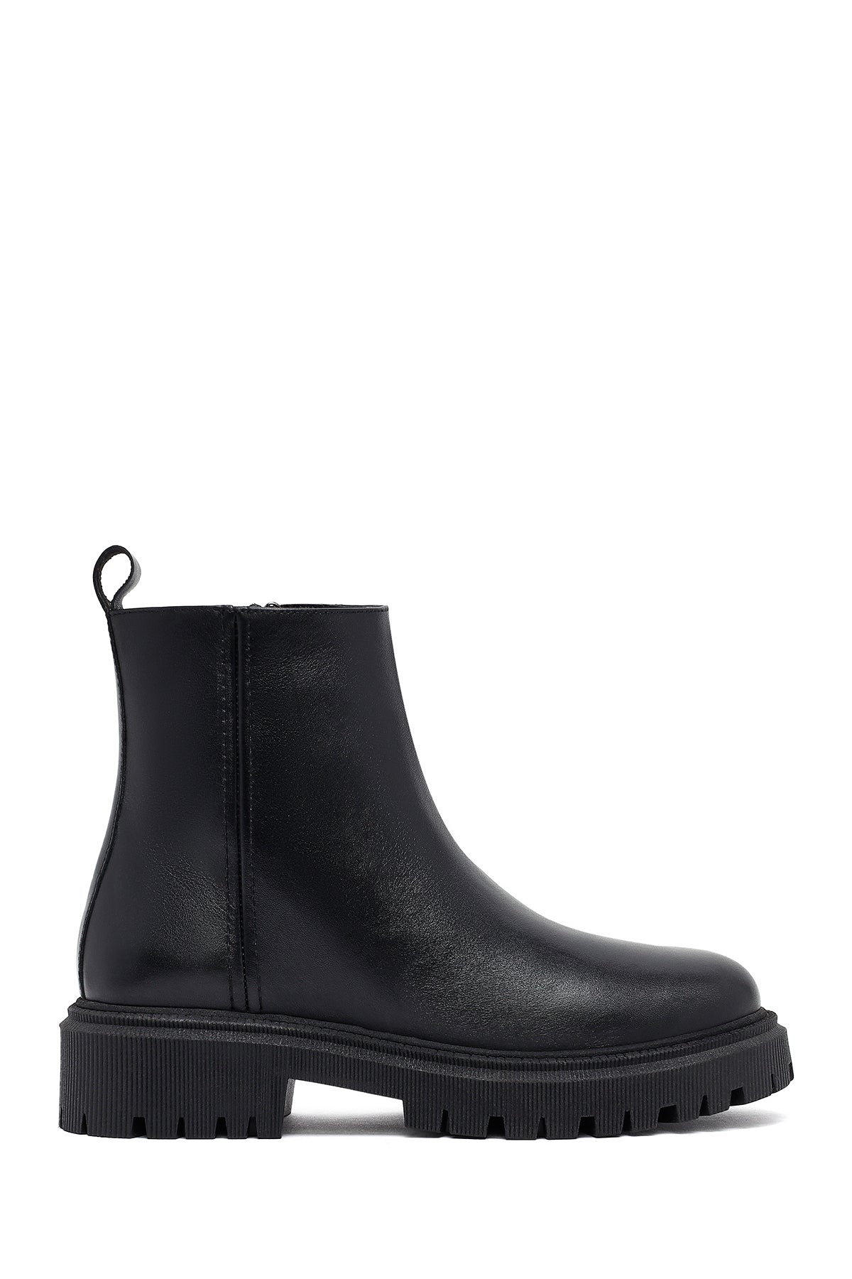 Kadın Siyah Fermuarlı Kalın Tabanlı Deri Bot