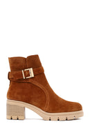 Women's Tan Thick Heeled Zippered Suede Leather Boot | Derimod