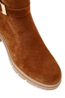 Women's Tan Thick Heeled Zippered Suede Leather Boot | Derimod