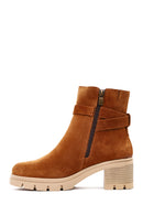 Women's Tan Thick Heeled Zippered Suede Leather Boot | Derimod