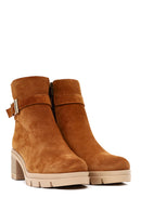 Women's Tan Thick Heeled Zippered Suede Leather Boot | Derimod