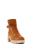 Women's Tan Thick Heeled Zippered Suede Leather Boot | Derimod