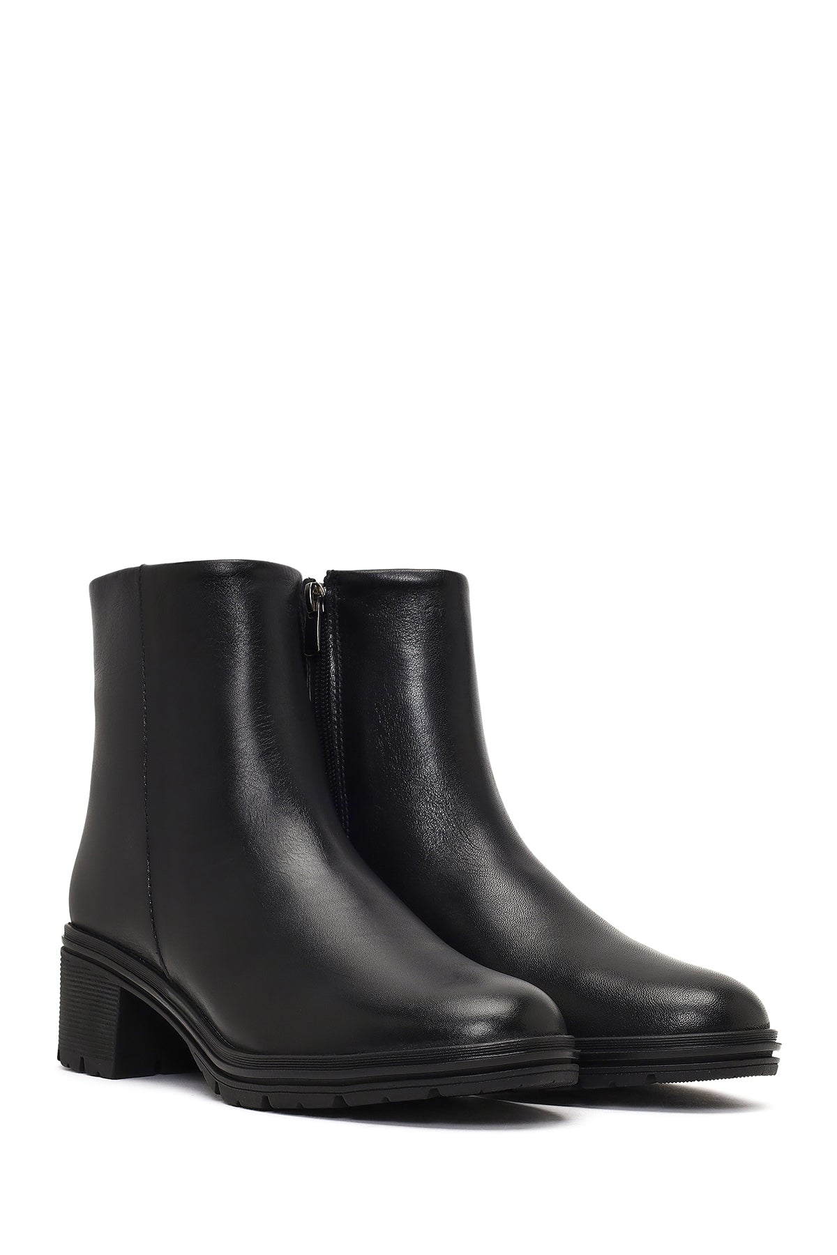 Kadın Siyah Fermuarlı Kısa Kalın Topuklu Deri Bot