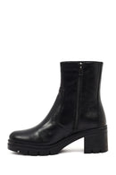 Women's Black Zippered Thick Heeled Leather Boot | Derimod