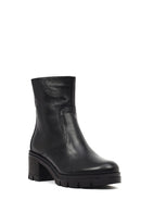 Women's Black Zippered Thick Heeled Leather Boot | Derimod