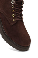 Women's Brown Zippered Thick-Soled Suede Leather Combat Boots | Derimod