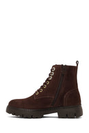 Women's Brown Zippered Thick-Soled Suede Leather Combat Boots | Derimod