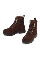 Women's Brown Zippered Thick-Soled Suede Leather Combat Boots | Derimod
