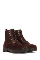 Women's Brown Zippered Thick-Soled Suede Leather Combat Boots | Derimod