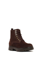 Women's Brown Zippered Thick-Soled Suede Leather Combat Boots | Derimod