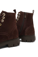 Women's Brown Zippered Thick-Soled Suede Leather Combat Boots | Derimod