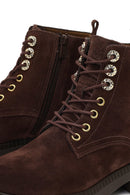 Women's Brown Zippered Thick-Soled Suede Leather Combat Boots | Derimod
