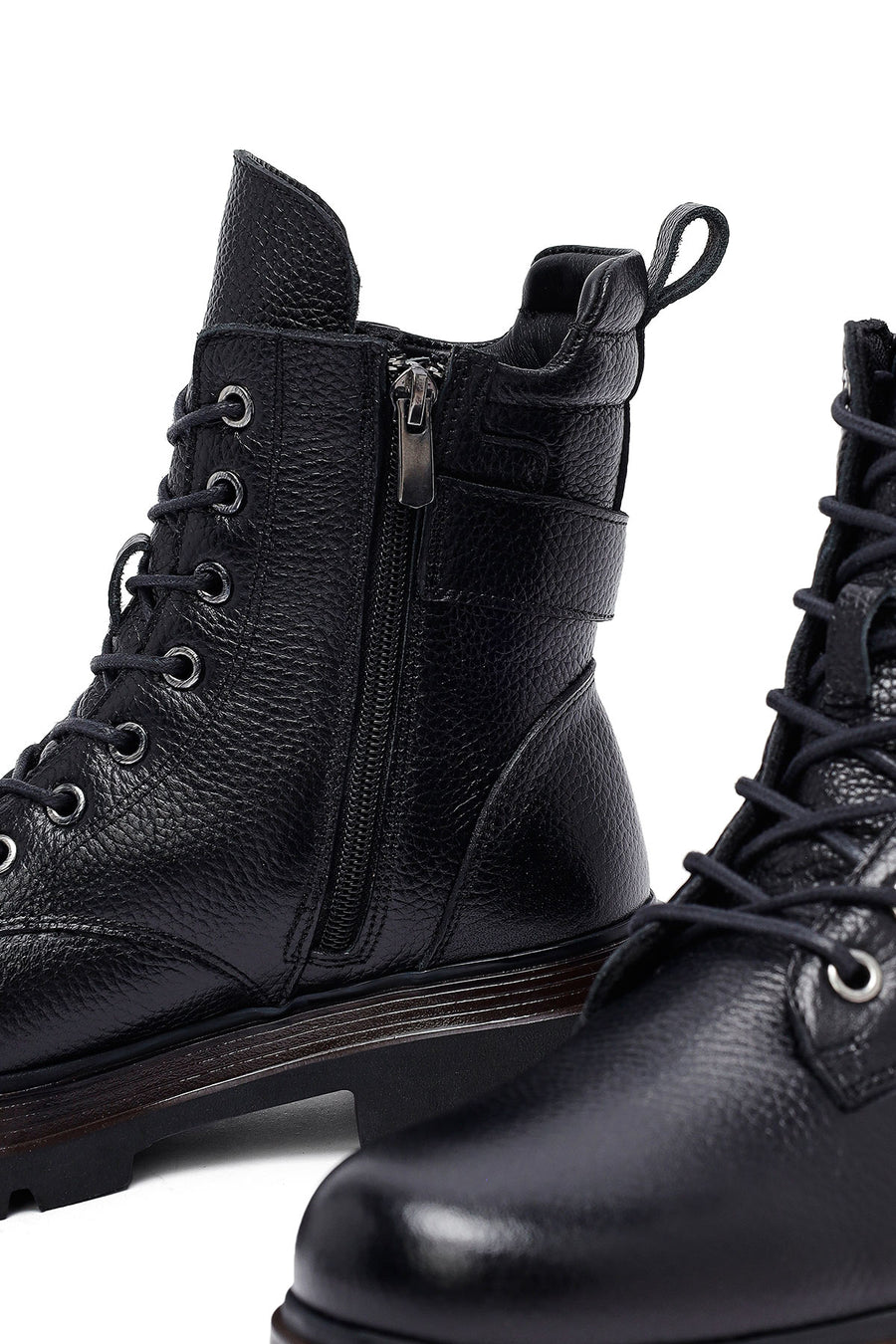 Women's Black Lace-Up Zipper Leather Combat Boots