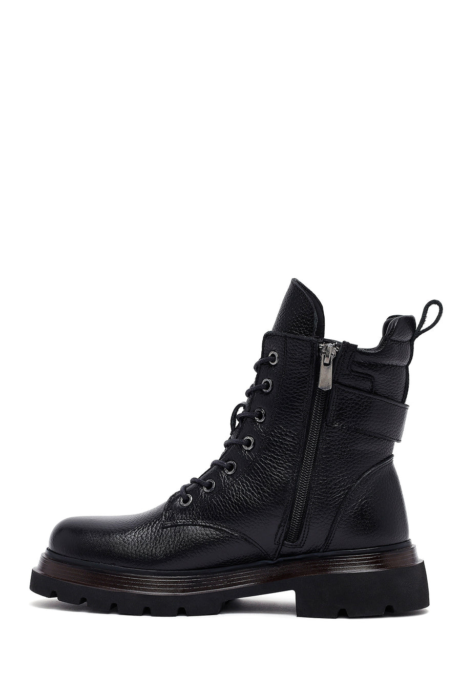 Women's Black Lace-Up Zipper Leather Combat Boots