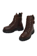 Women's Brown Lace-Up Zipper Leather Ankle Boots | Derimod