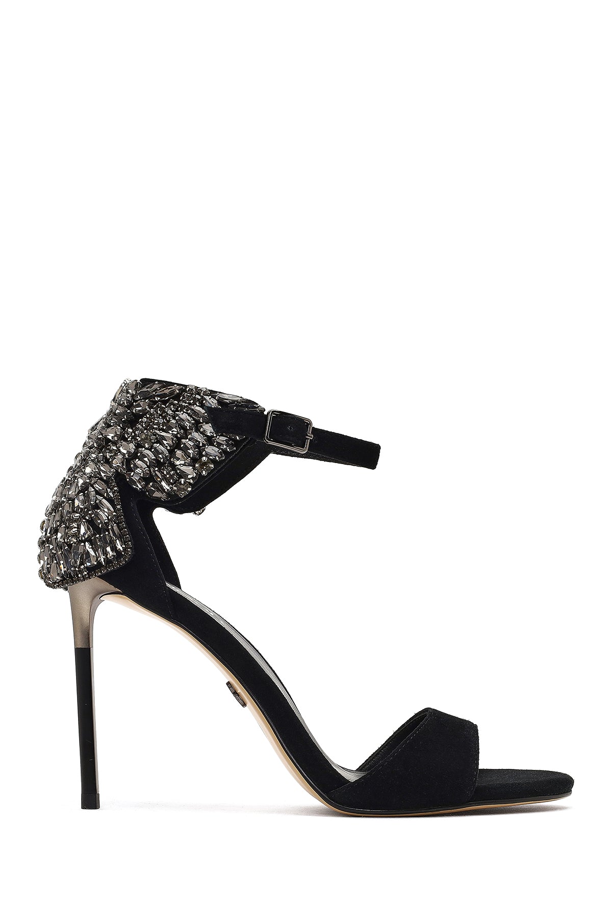 Women's Black Ankle Buckle Stone High Thin Heel Suede Leather Shoe 25WFD490810 | Derimod