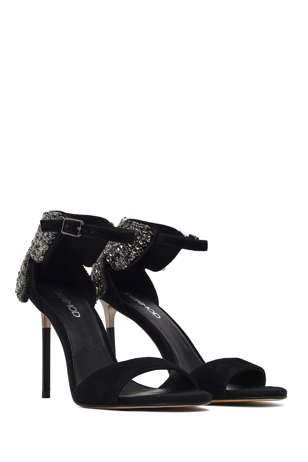 Kadın Siyah Bilekten Tokalı Taşlı Yüksek İnce Topuklu Süet Deri Ayakkabı