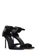 Women's Black Ankle Buckle Stone High Thin Heel Suede Leather Shoe | Derimod