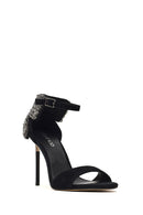 Women's Black Ankle Buckle Stone High Thin Heel Suede Leather Shoe | Derimod