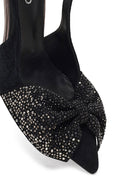 Kadın Siyah Arkası Açık Taşlı İnce Yüksek Topuklu Süet Deri Ayakkabı | Derimod