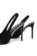 Kadın Siyah Arkası Açık Taşlı İnce Yüksek Topuklu Süet Deri Ayakkabı | Derimod