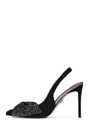 Kadın Siyah Arkası Açık Taşlı İnce Yüksek Topuklu Süet Deri Ayakkabı | Derimod