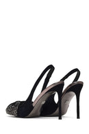 Kadın Siyah Arkası Açık Taşlı İnce Yüksek Topuklu Süet Deri Ayakkabı | Derimod