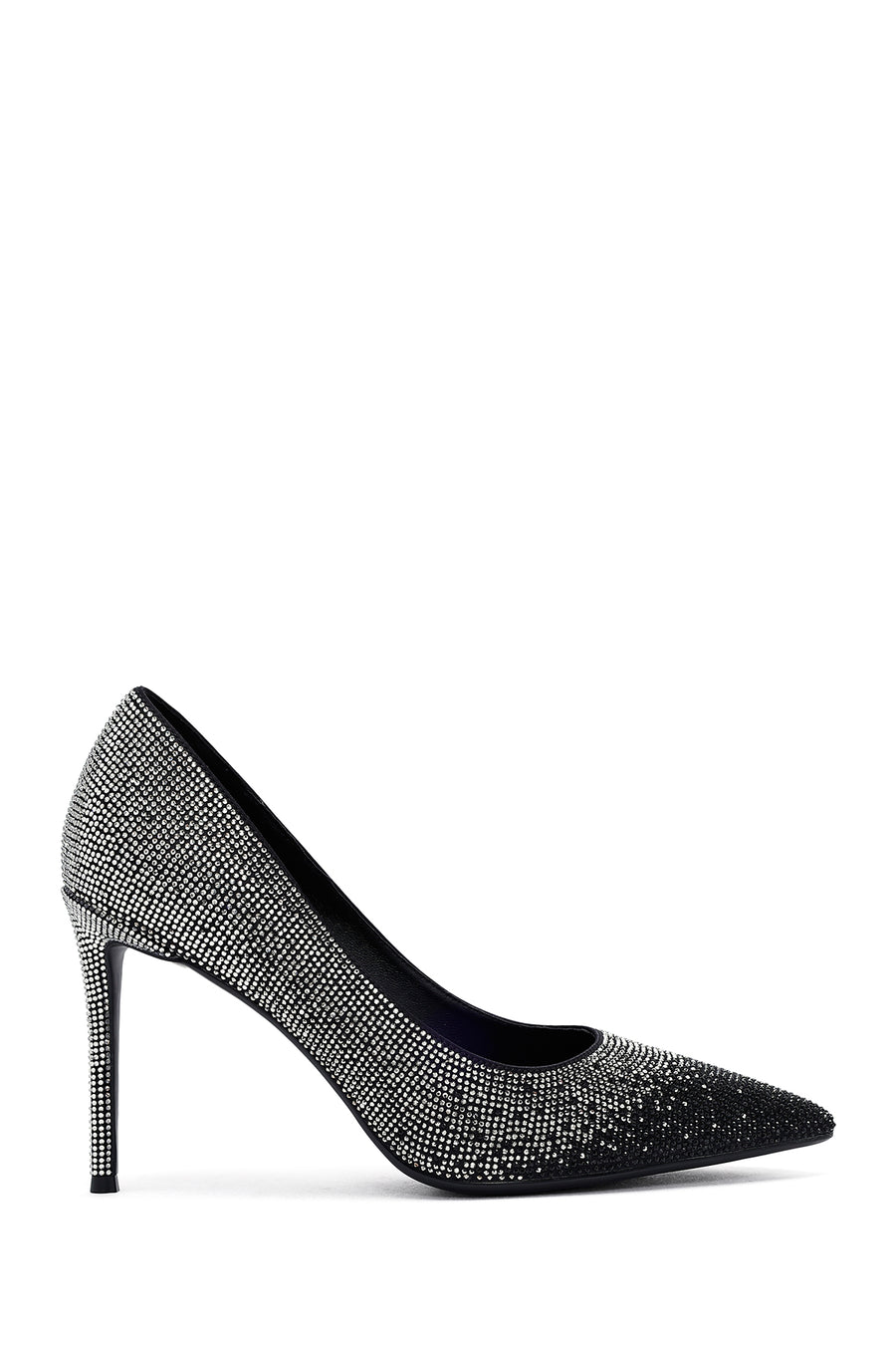 Women's Black Jeweled Thin Heeled Leather Stiletto