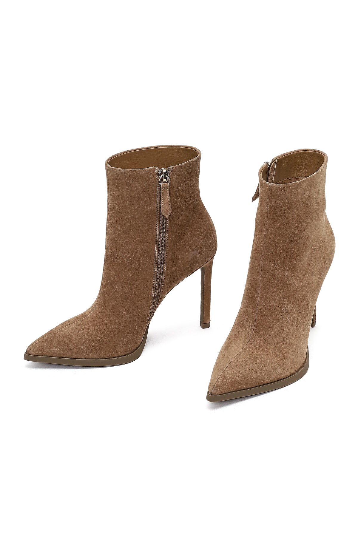 Kadın Bej Fermuarlı Yüksek İnce Topuklu Süet Deri Bot