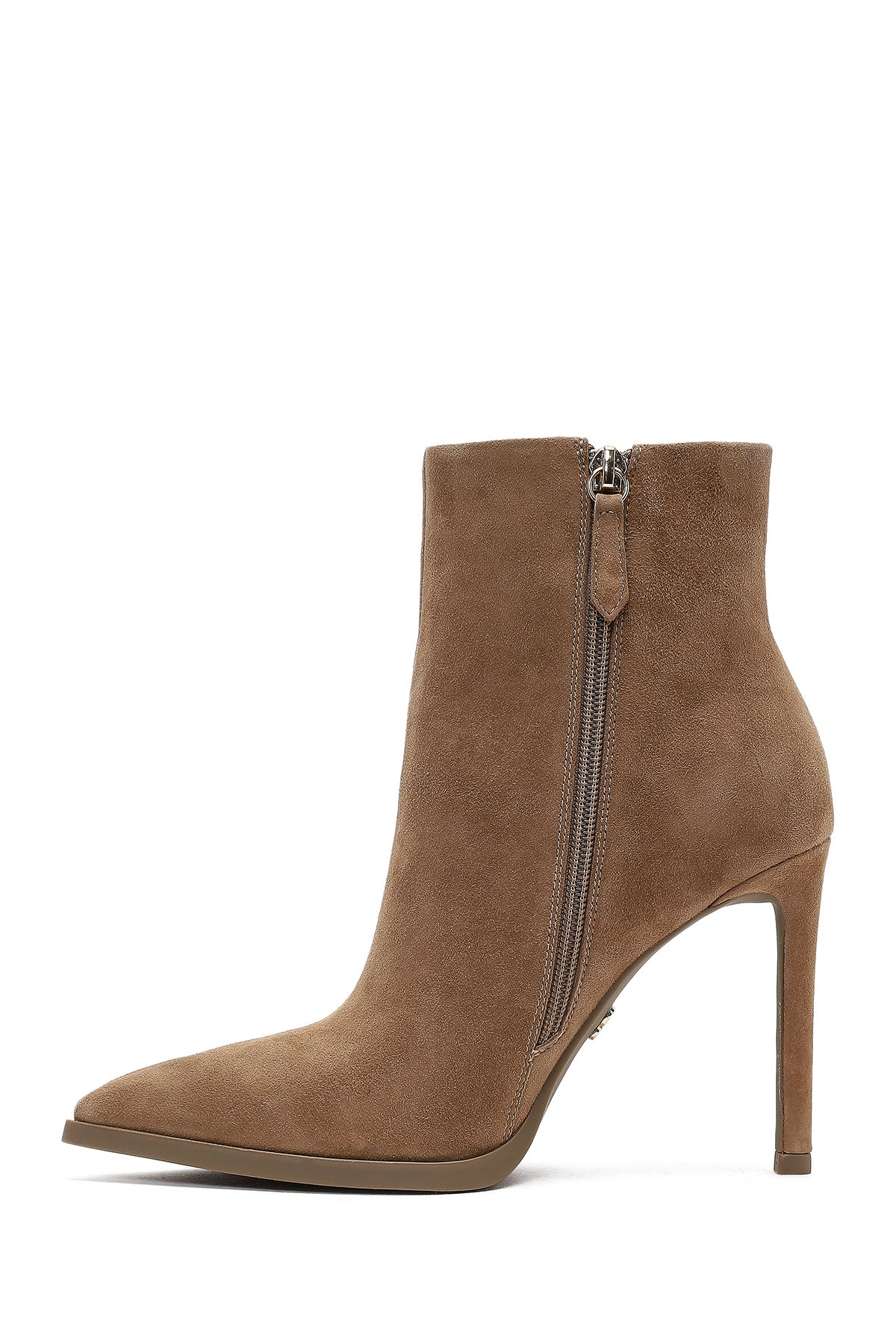 Kadın Bej Fermuarlı Yüksek İnce Topuklu Süet Deri Bot