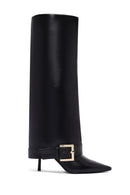Women's Black Buckled Thin Heeled Leather Boot | Derimod
