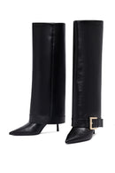 Women's Black Buckled Thin Heeled Leather Boot | Derimod