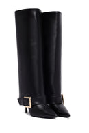 Women's Black Buckled Thin Heeled Leather Boot | Derimod