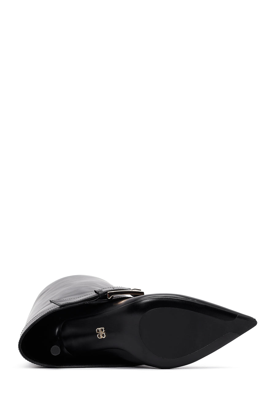 Kadın Siyah Tokalı İnce Topuklu Deri Çizme