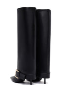 Women's Black Buckled Thin Heeled Leather Boot | Derimod