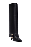 Women's Black Buckled Thin Heeled Leather Boot | Derimod