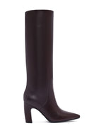Women's Burgundy Thick Heeled Leather Boot | Derimod