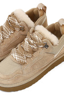 Kadın Bej Bağcıklı Kalın Tabanlı Tüylü Süet Deri Teddy Sneaker | Derimod