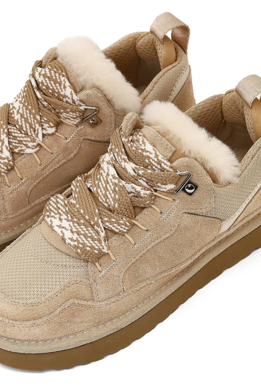 Women's Beige Lace-Up Thick-Soled Furry Suede Leather Teddy Sneaker