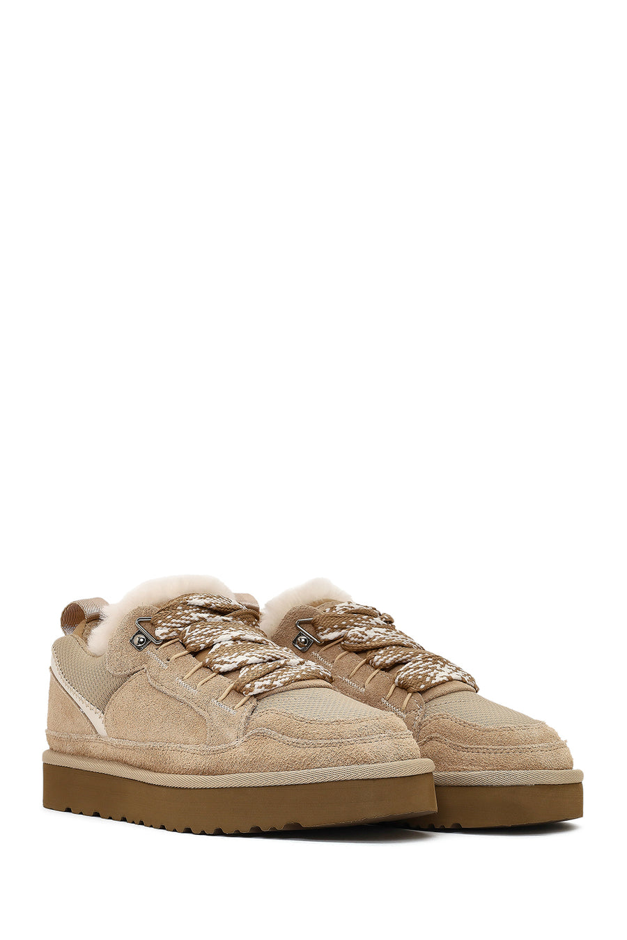 Women's Beige Lace-Up Thick-Soled Furry Suede Leather Teddy Sneaker