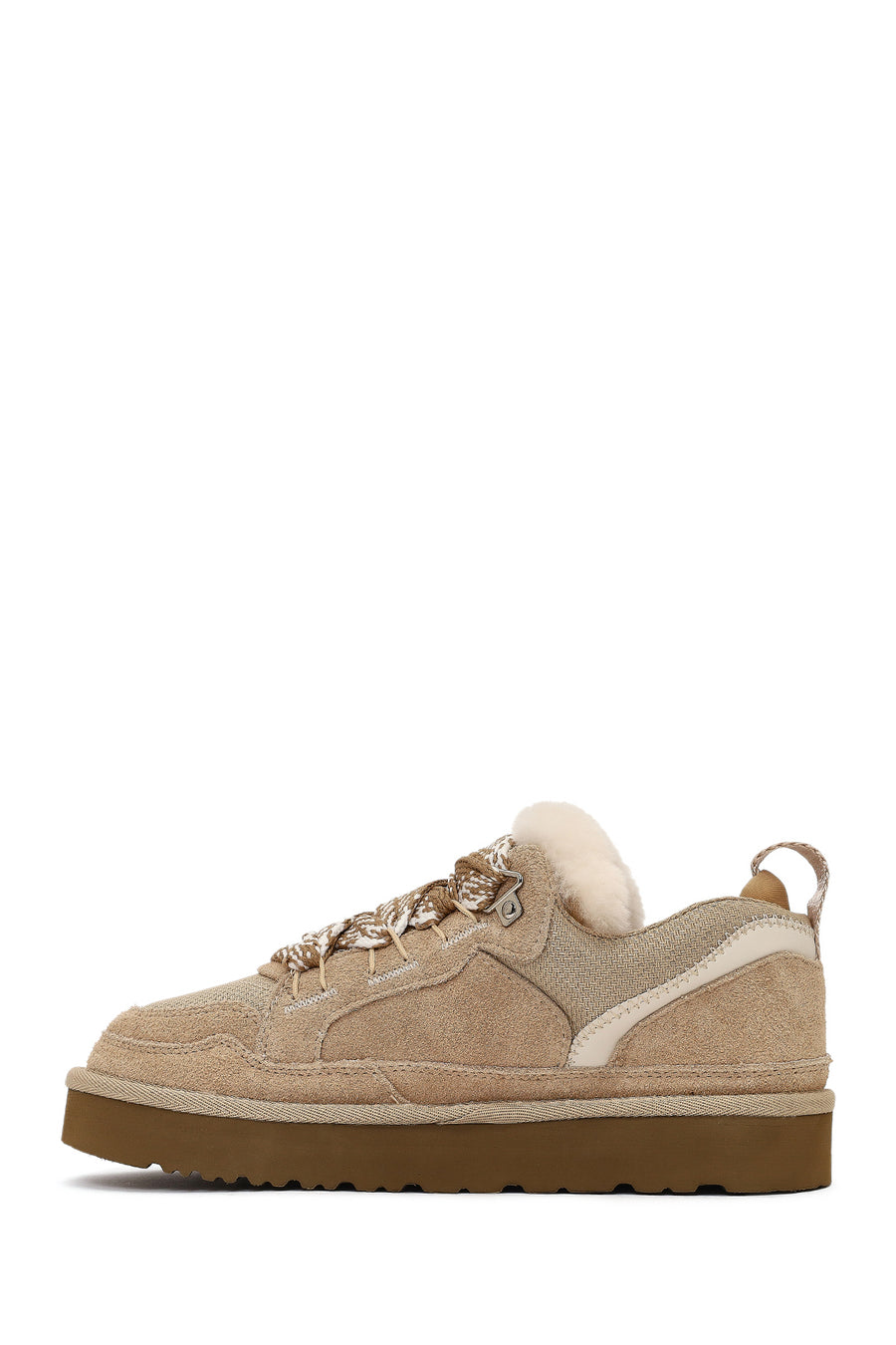 Women's Beige Lace-Up Thick-Soled Furry Suede Leather Teddy Sneaker