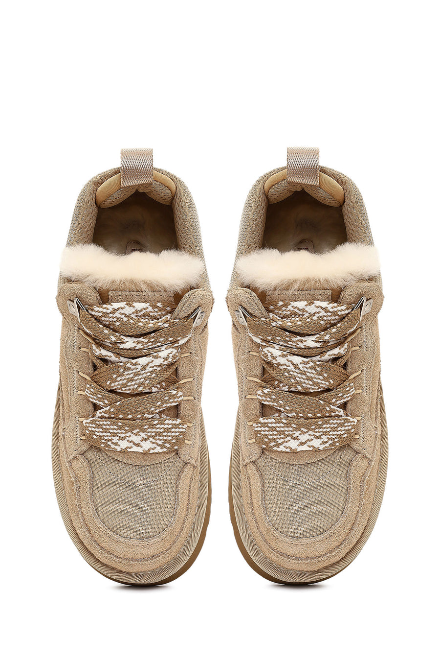 Women's Beige Lace-Up Thick-Soled Furry Suede Leather Teddy Sneaker