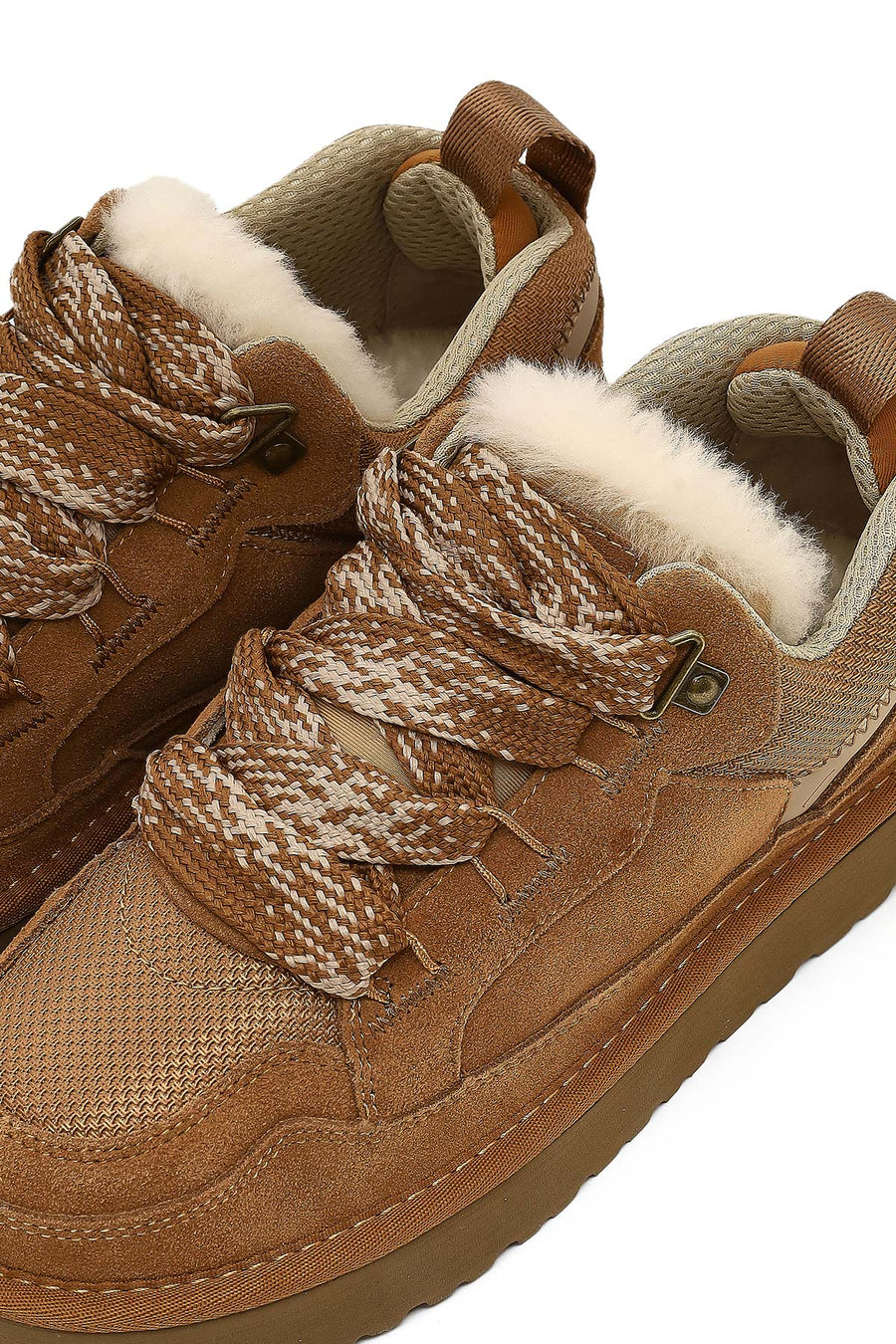 Women's Camel Lace-Up Thick-Soled Furry Suede Leather Teddy Sneaker
