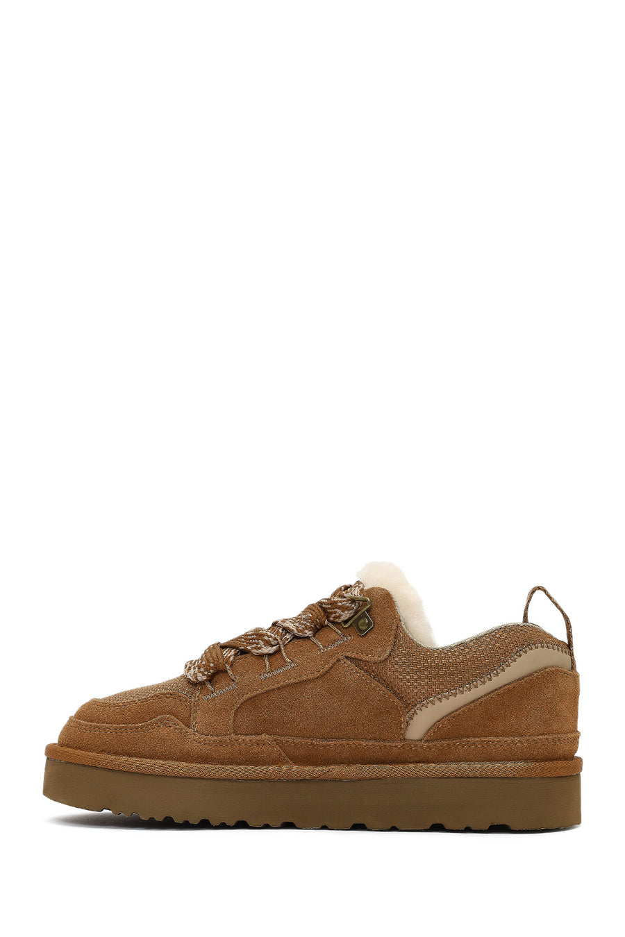 Women's Camel Lace-Up Thick-Soled Furry Suede Leather Teddy Sneaker