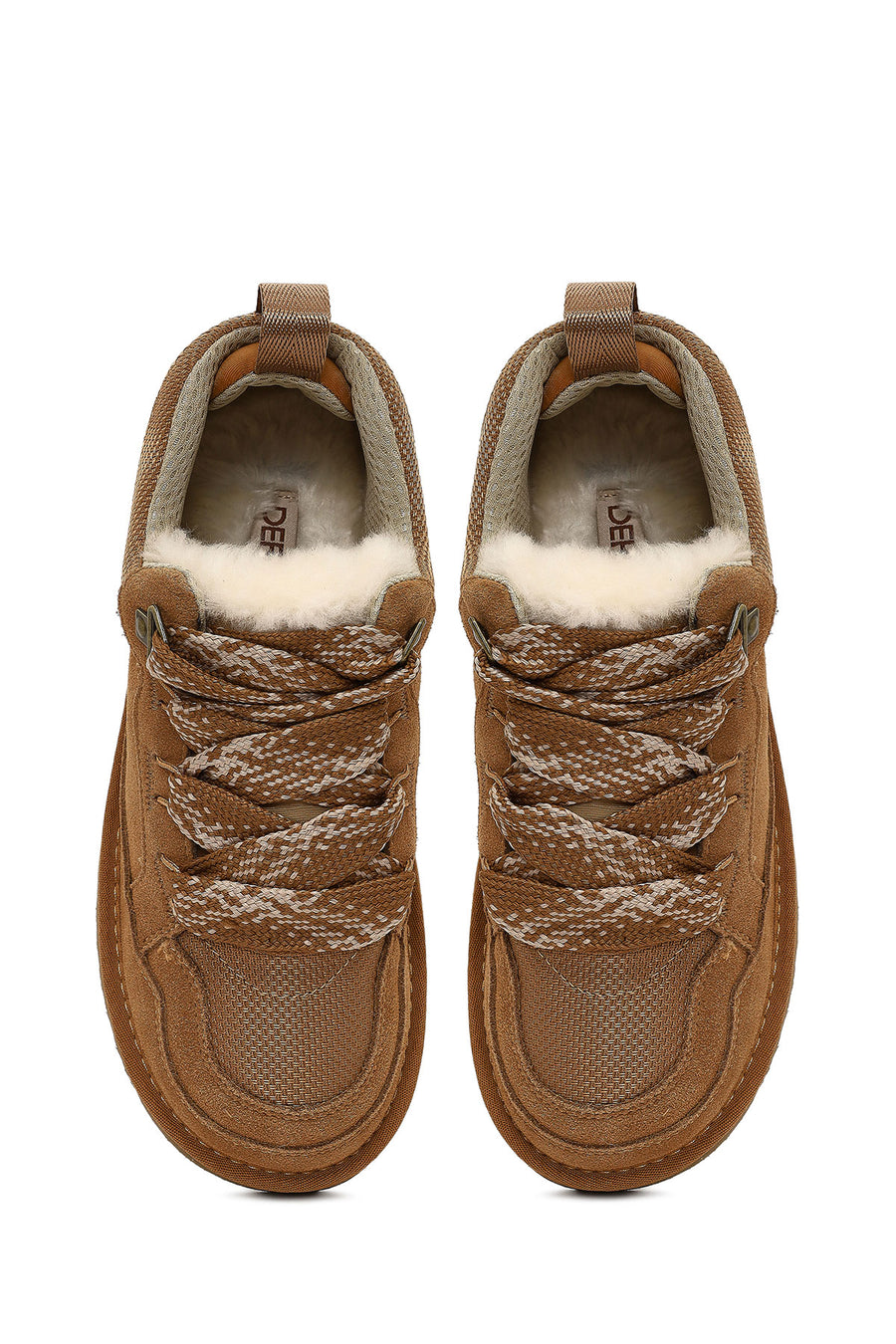 Women's Camel Lace-Up Thick-Soled Furry Suede Leather Teddy Sneaker