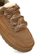 Kadın Camel Bağcıklı Kalın Tabanlı Tüylü Süet Deri Teddy Sneaker | Derimod