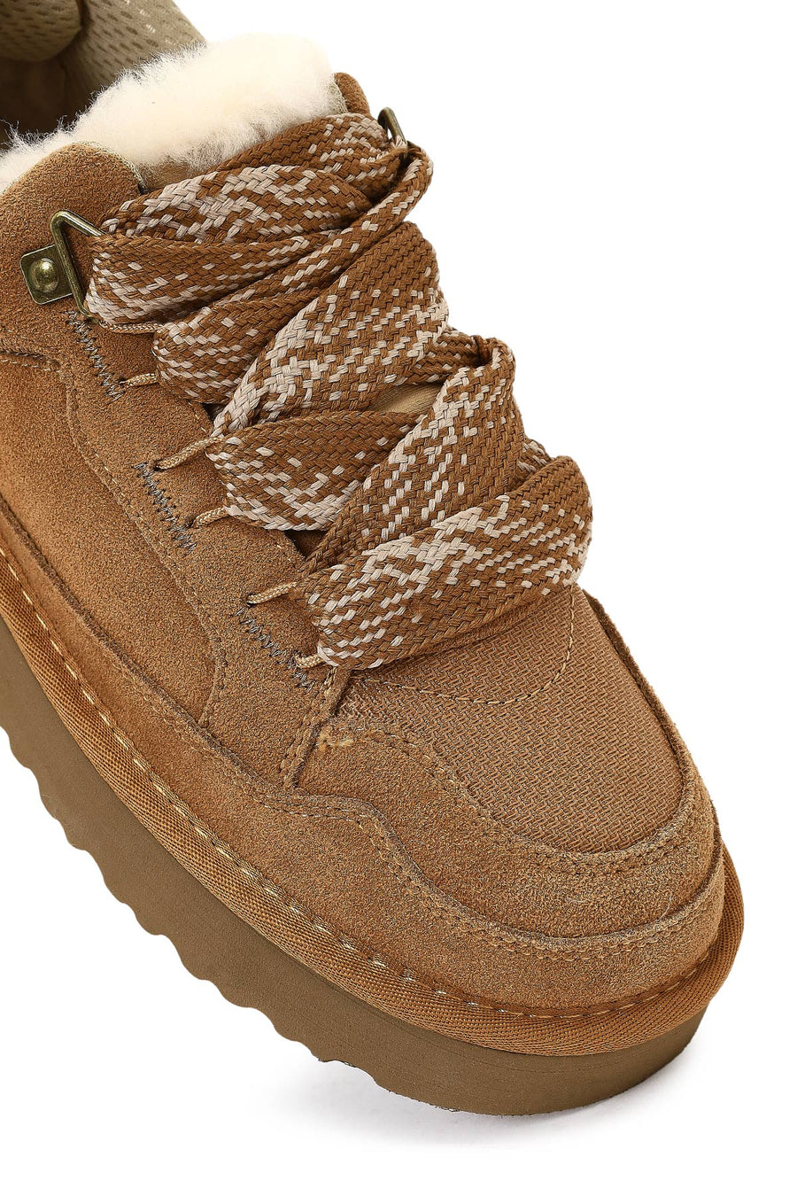 Women's Camel Lace-Up Thick-Soled Furry Suede Leather Teddy Sneaker