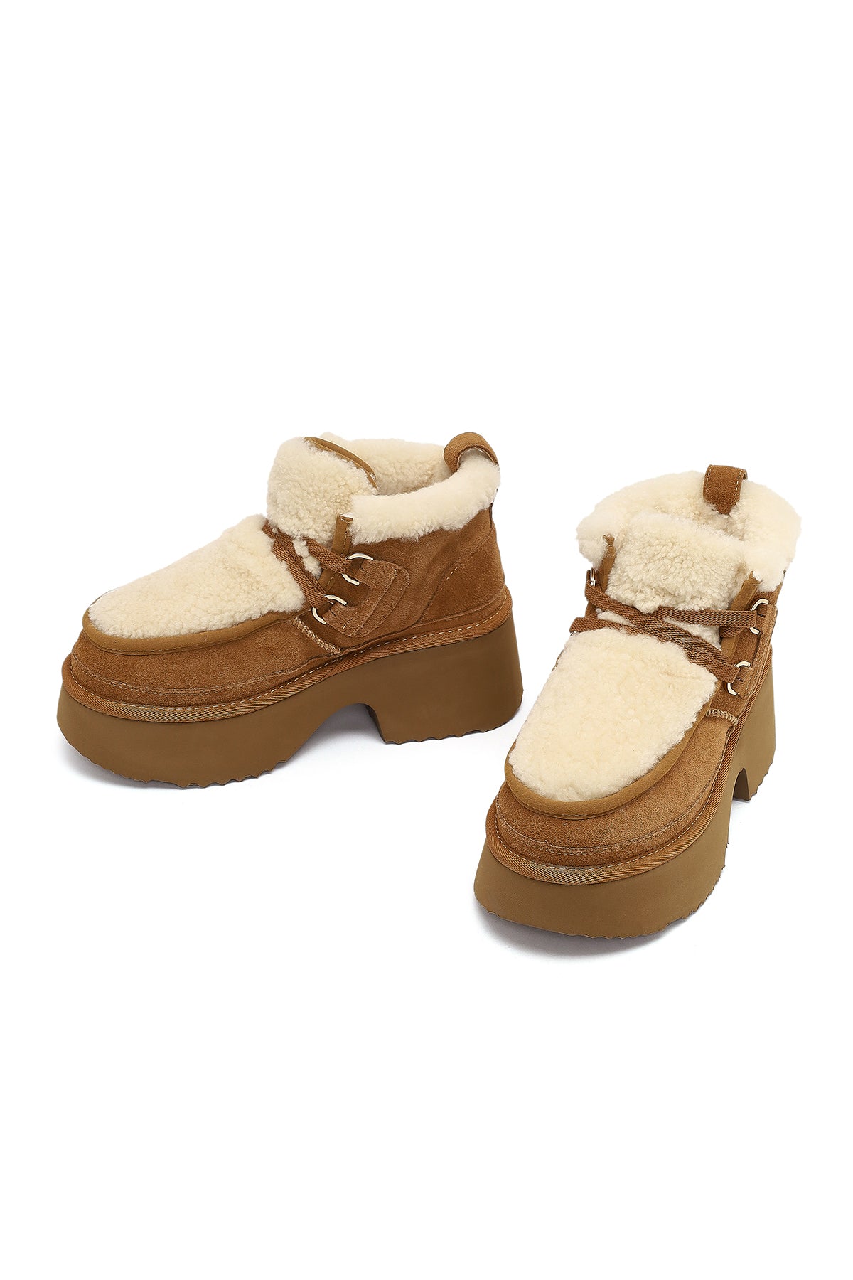 Kadın Camel Bağcıklı Kalın Tabanlı Kürklü Süet Deri Teddy Bot